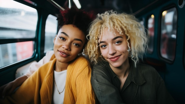 Photo two young women sitting on a bus looking at camera smiling