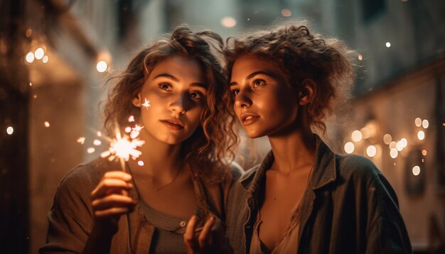 Two young women smiling celebrating with friends generated by AI