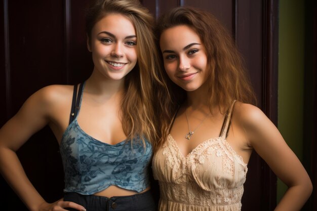 Photo two young women standing next to each other in front of a wooden wall