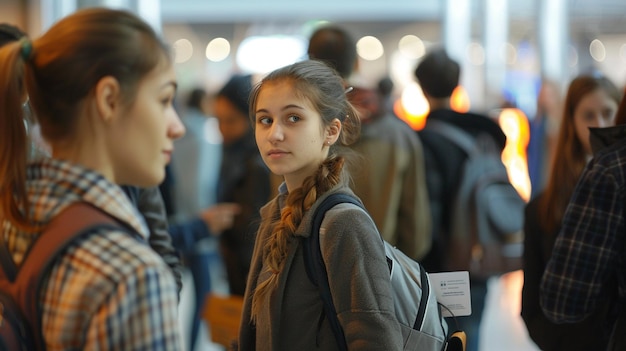 Two Young Women Standing Together at Career Fair Booth