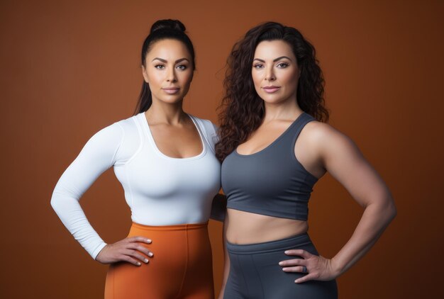 Two young women standing together in fitness clothes