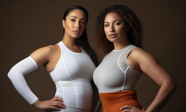 Two young women standing together in fitness clothes