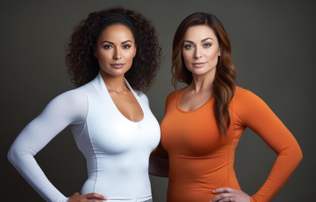 Two young women standing together in fitness clothes