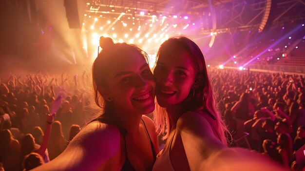 Photo two young women take a selfie at a concert they are both smiling and have their arms around each other