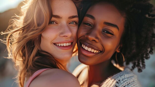 Two young women taking a selfie during a golden sunset