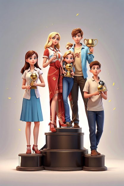 Two young women and two young men get trophies 3d character illustration