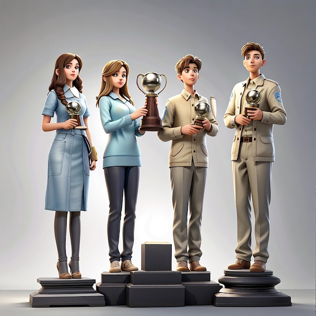 Two young women and two young men get trophies 3d character illustration