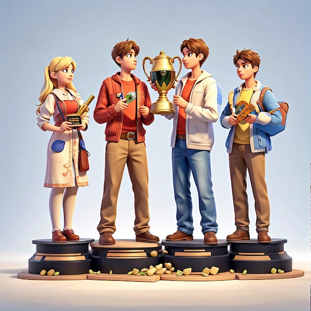 Two young women and two young men get trophies 3d character illustration