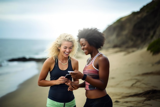 두 명의 젊은 여성이 해변 운동 후 자신의 진행을 모니터링하기 위해 피트니스 앱을 사용합니다.