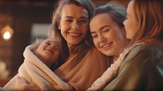 Two young women at various ages smiling and holding hands in a closeup photograph Generative AI shows a little girl embracing her mother from behind