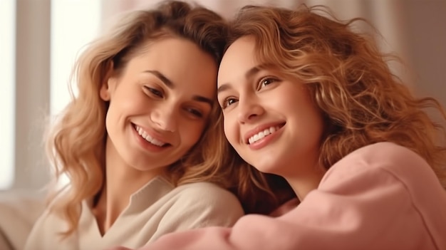 Two young women at various ages smiling and holding hands in a closeup photograph Generative AI shows a little girl embracing her mother from behind