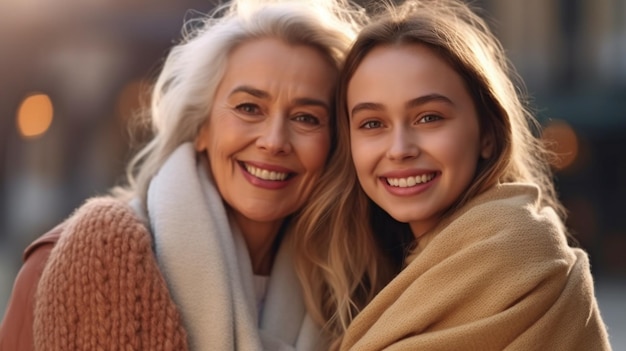 Two young women at various ages smiling and holding hands in a closeup photograph Generative AI shows a little girl embracing her mother from behind