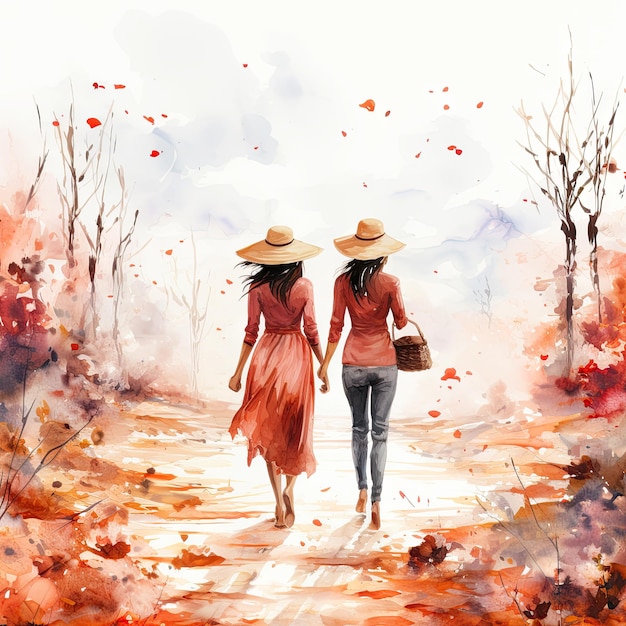 Two young women walking hold hands together in watercolor style
