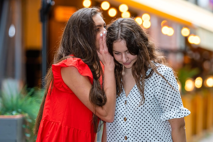 2人の若い女性がささやき合い笑顔で秘密を共有しているストリートライトの背景
