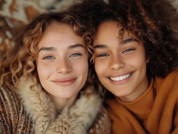 Two young women with curly hair smiling