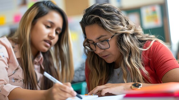 Photo two young women work together on a project in a classroom they are looking at a paper and writing on it they are both wearing casual clothes