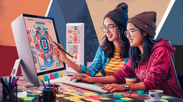 Two young women working together with computer