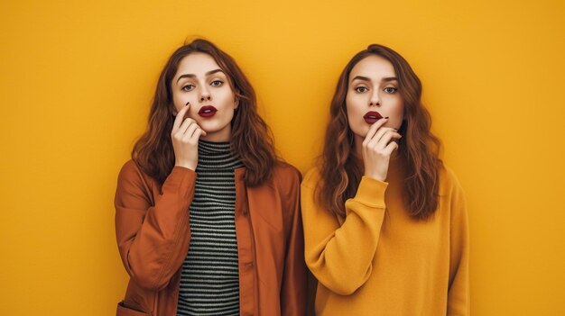 two young women on yellow background women friendship vibrant laughter yellow background