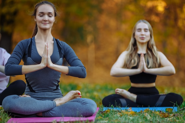 Due giovani praticanti di yoga che fanno esercizi di yoga nel parco