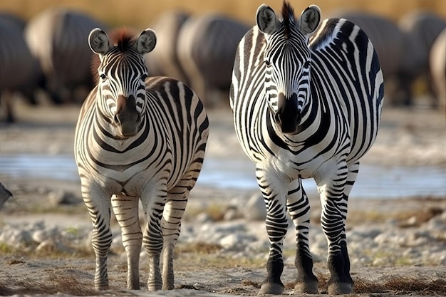 Two zebras are standing next to each other.