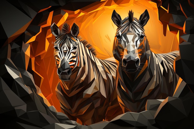 two zebras in a cave with orange light