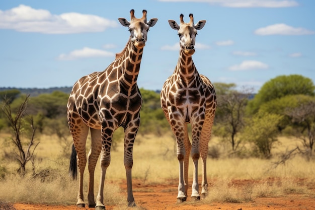 2 つのシマウマ サバンナのエクウス クアッガ 南アフリカのクルーガー国立公園のキリンと平原のシマウマ AI 生成