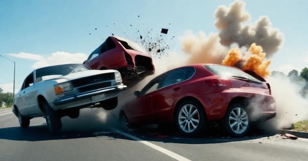사진 극적인 자동차 충돌로 두 차량이 충돌합니다.