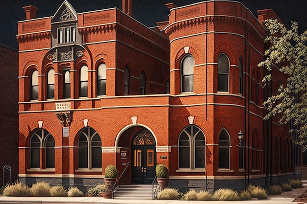 Twostorey brick building with arched windows and entrance with steps