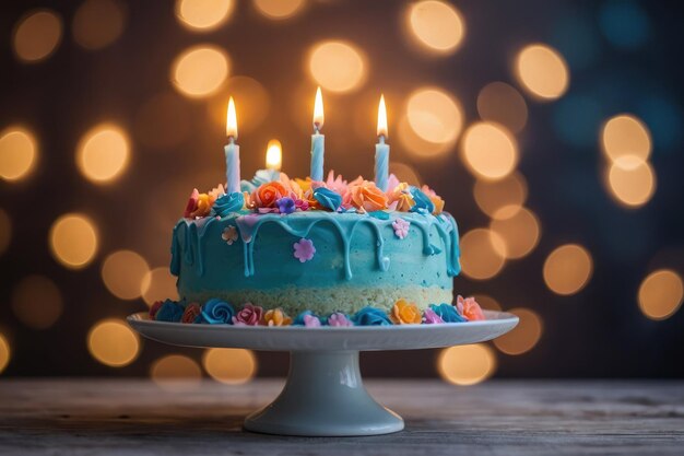 Twotiered birthday cake with lit candles