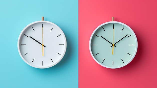 Photo twotone wall clocks against a split blue and pink background representing modern home decor