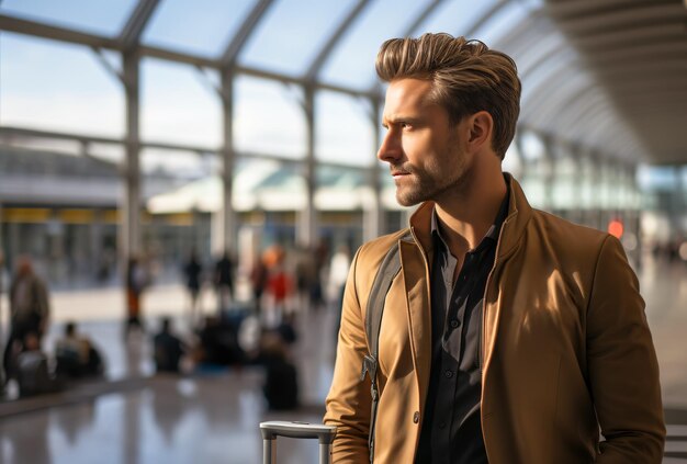 Foto tylish en knappe man in de luchthaven terminal om te reizen in de vakantie