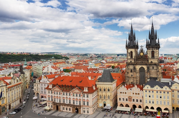 Tyn cathedral church at market square from above,  Prague, Czech Republic