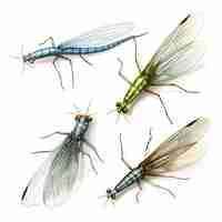 Photo type of insects watercolor crane fly mayfly termite leafhopper on white back watercolor cute