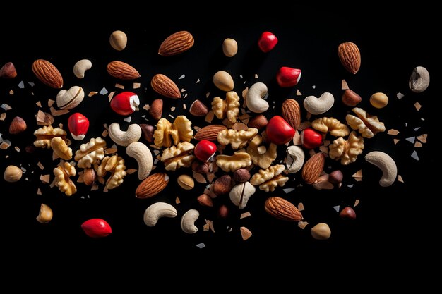 Photo types of nuts scattered on black