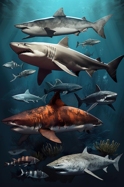 Photo types of sharks ai generate