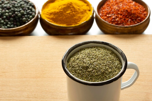 Types of spices Roasted terebinth fruits Thyme Turmeric Red powdered pepper