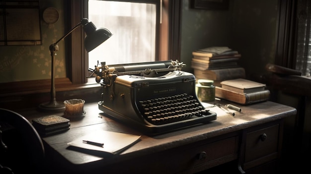 A typewriter on a desk in a dark room with a lamp and books on the table.