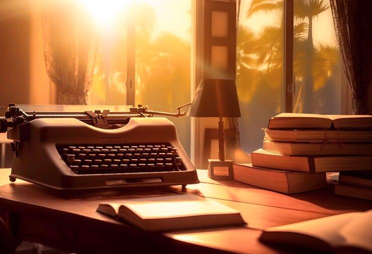 Photo typewriter on the desk in a room against sunset light
