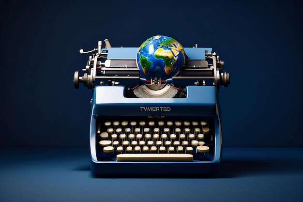 Typewriter icon with bold text on dark blue background to commemorate World Typing Day