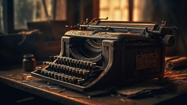 A typewriter sits on a desk in a dark room with a light shining on it