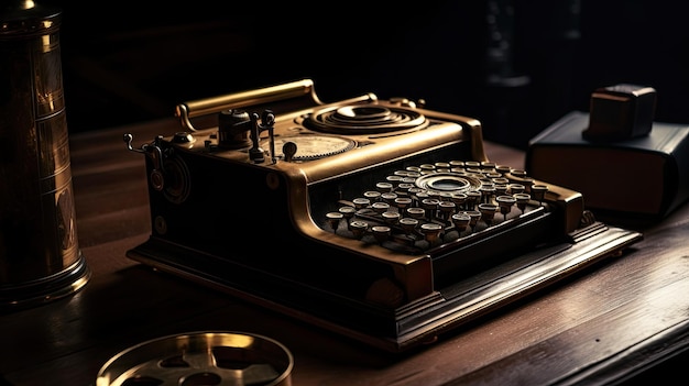 A typewriter sits on a table with a black box in the background.