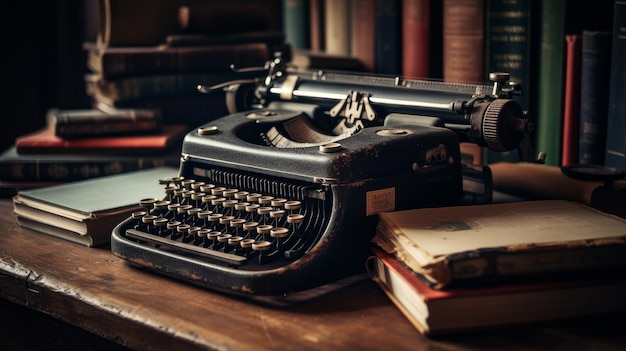 Typewriter on a stack of books with a notebook AI generated