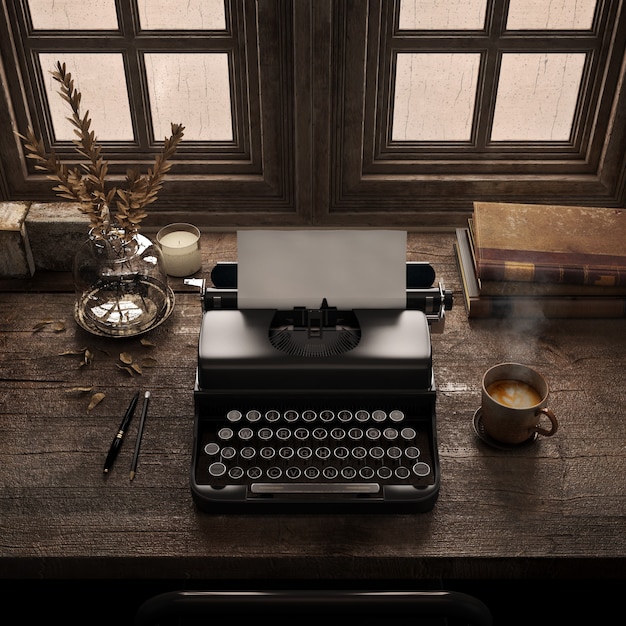Typewriter Vintage On Wooden Desk In Old Room With Ancient Booksretro Writers Desk