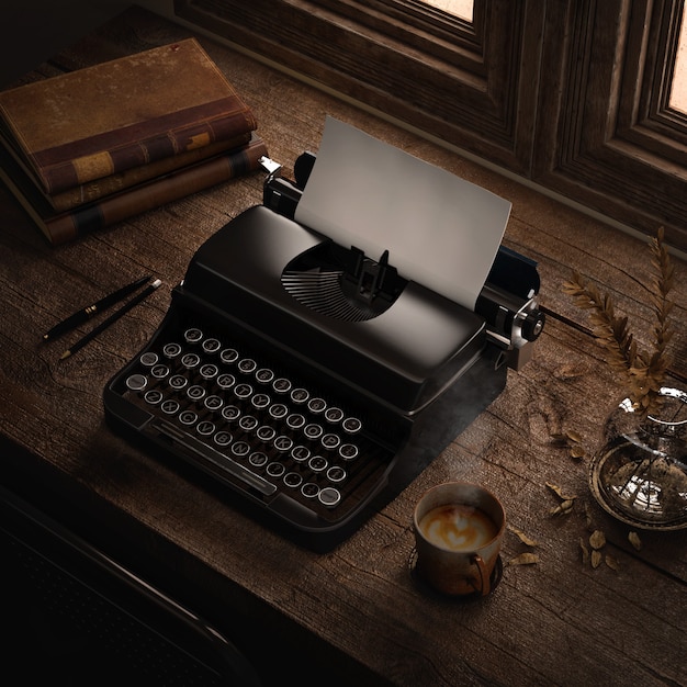 Typewriter Vintage On Wooden Desk In Old Room With Ancient Booksretro Writers Desk