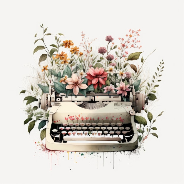 A typewriter with flowers on it that says " i love flowers ".