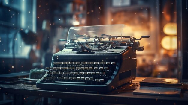 A typewriter with a glass cover and a book on the table.