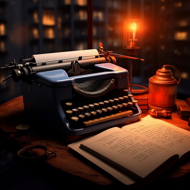 a typewriter with a paper on the table and a paper on the table.