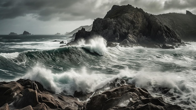 A typhoon approaches the coastline bringing with it rough seas and towering waves crashing against the rocks Generative AI