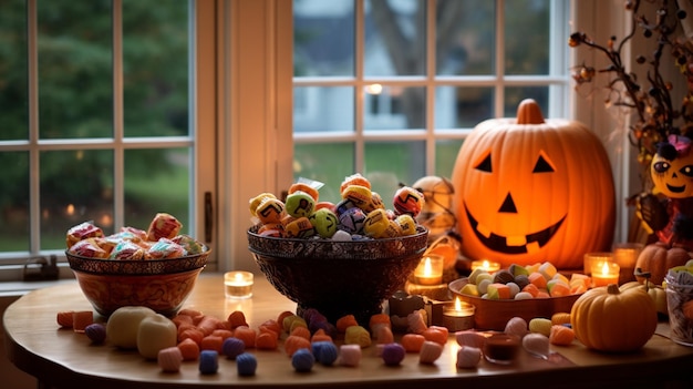 Typical American Halloween Candy Table Generative Ai