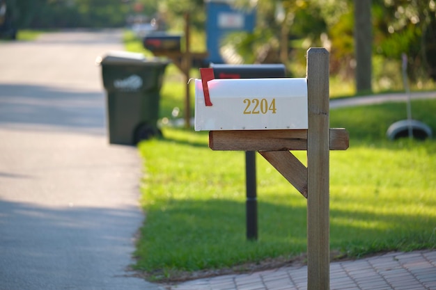 Tipica cassetta della posta americana all'aperto sul lato della strada suburbana